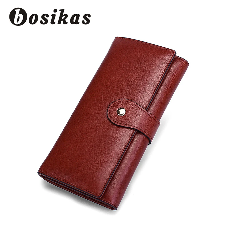 

BOSIKAS Women Wallet Genuine Leather Female zipper Long Wallet clamp for money Coin Purse Clutch Card Holder Portefeuille Femme