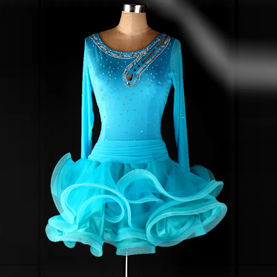Rabo de peixe flor de trajes de dança moderna dança latina vestidos rhinestone azul / vermelho / preto Tango / samba / Rumba competição vestido
