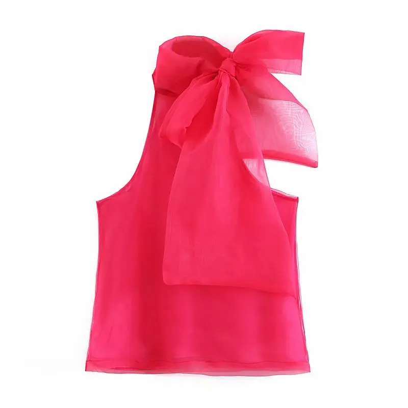 

Women Chiffon Shirts Fashion Sleeveless Solid Blouse Translucent Thin Halter Shirts Famale Bow Decoration Tops Clothes