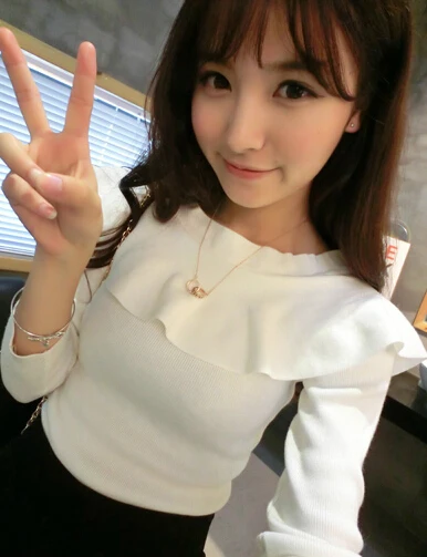 Высокое качество корейский с открытыми плечами лист лотоса чистый цвет универсальные с длинным рукавом женский свитер