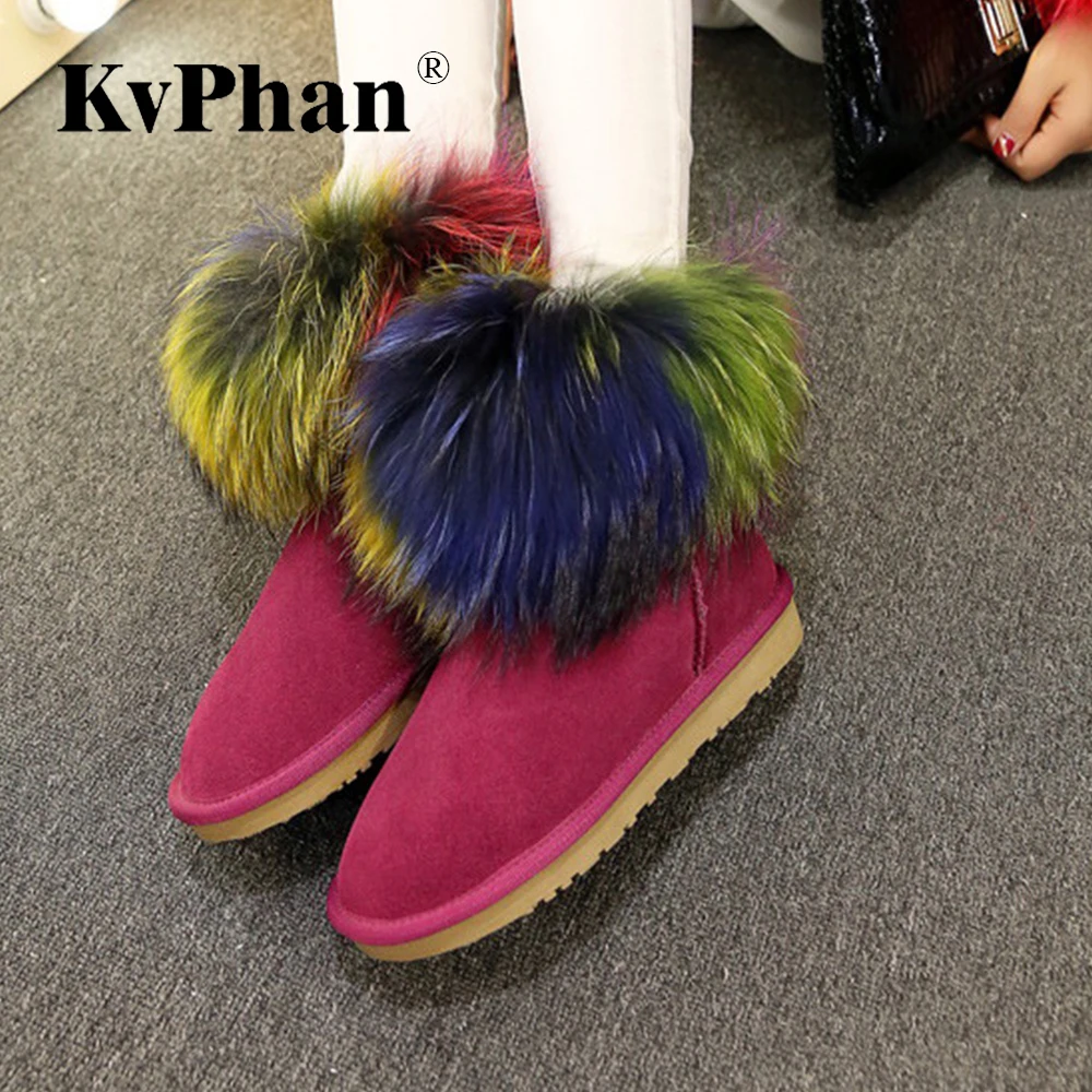 

KvPhan Cow Suede Leather Real Big Fur Wine Red Nubuck Ankle Women Winter Snow Boots Fashion Black Size 34-43 Women's Flat Boots