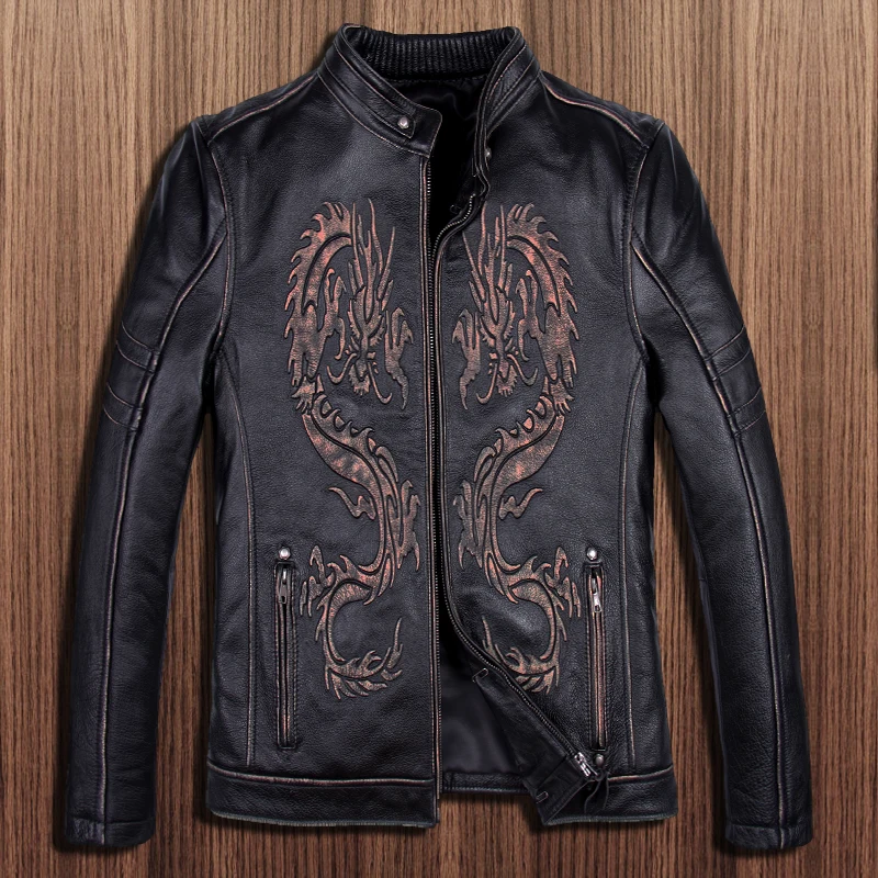 Cowhide Leather Jacket Mens Harley rock slim coat genuine leather