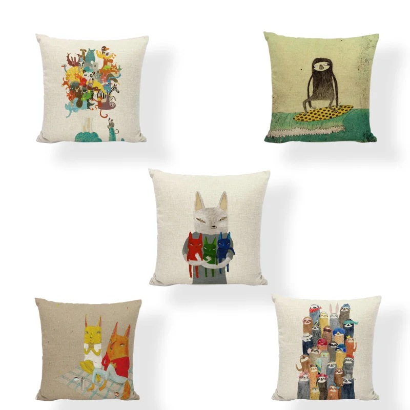 

Small AnimalCombination Pattern Pillowcase Cute Kitten Small Fox Cute Happy Sloth Style Cushion Set Furniture Sofa Decoration