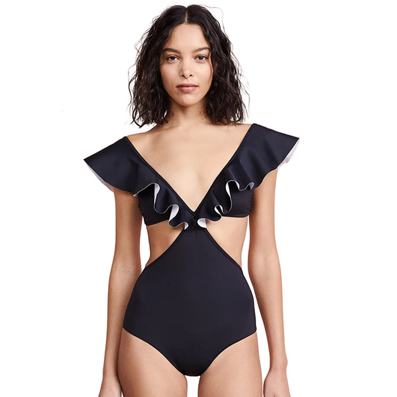 2019 Swimwear women Sexy high Cut One Piece Swimsuit Black Ruffle Monokini Backless Swim Suit Thong Bathing Suit Female  (2)