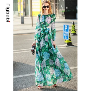 

Green flower print full Lantern Sleeve A-Line Floor-Length dress Europe Fashion 2018 Autumn New Arrival Maxi Long Dress Women