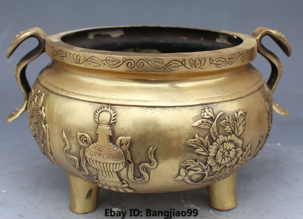 

10" Tibet Buddhism Bronze 8 Auspicious Symbol Ruyi Incense Burner Censer Statue Garden Decoration Brass Bronze