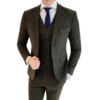 

Autumn winter men retro suit suit England plaid single-breasted military green Slim blazer (Jacket + vest + pants) banquet suits