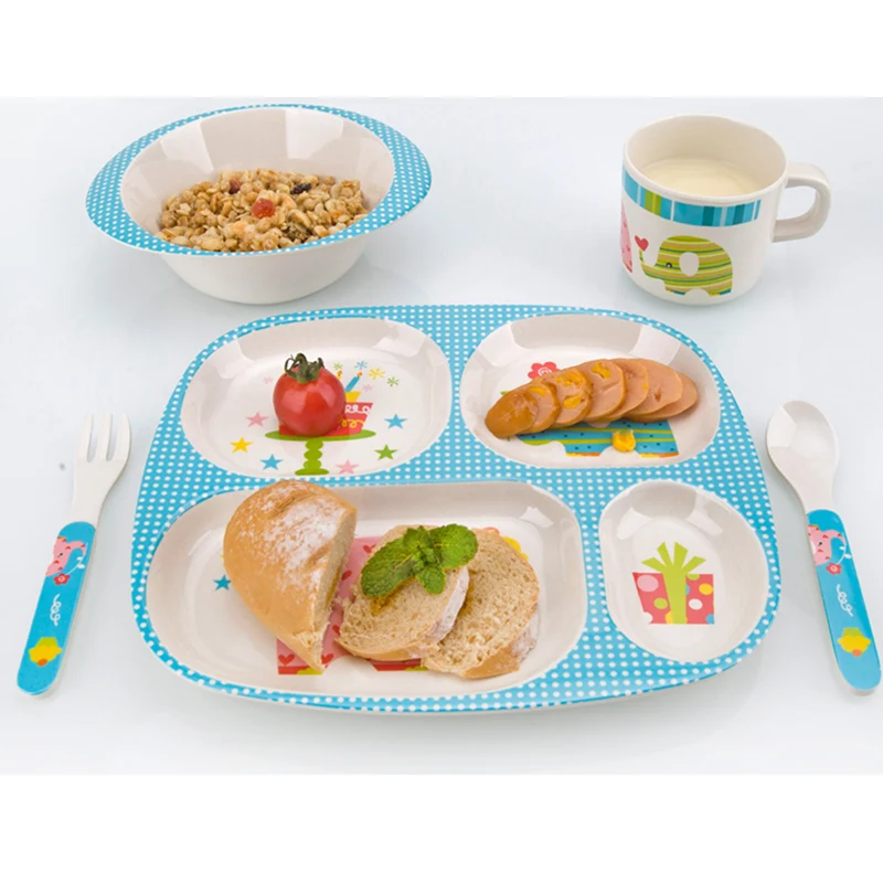 Bamboo Fiber Children Tableware Baby Dishes Kids Dinnerware Plate Bowl Cup Fork Spoon Baby Feeding Set For Toddlers Dishes Plate (1)