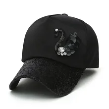 Женская Весенняя и летняя блестящая бейсболка с логотипом лебедя, блестящие стразы с блестками, изогнутый козырек, кепка, роскошная черная