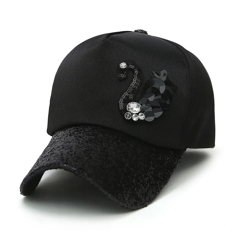 

Women's Spring and Summer Glittering Baseball Cap with Swan logo Shiny sequin Rhinestone Curved visor Snapback Hat Luxury Black