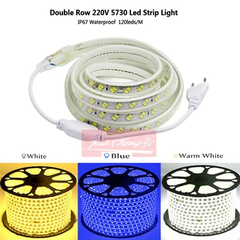 

IP67 waterproof LED strip 220V 5730 120LED/M Double row Flexible Lamp with EU Plug white /warm white /Blue