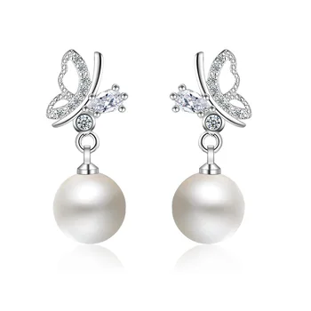 

Luxury Betterfly with Freshwater Pearl Women Earrings 925 Sterling Silver Cubic Zircon Paved Party Wedding Jewelry