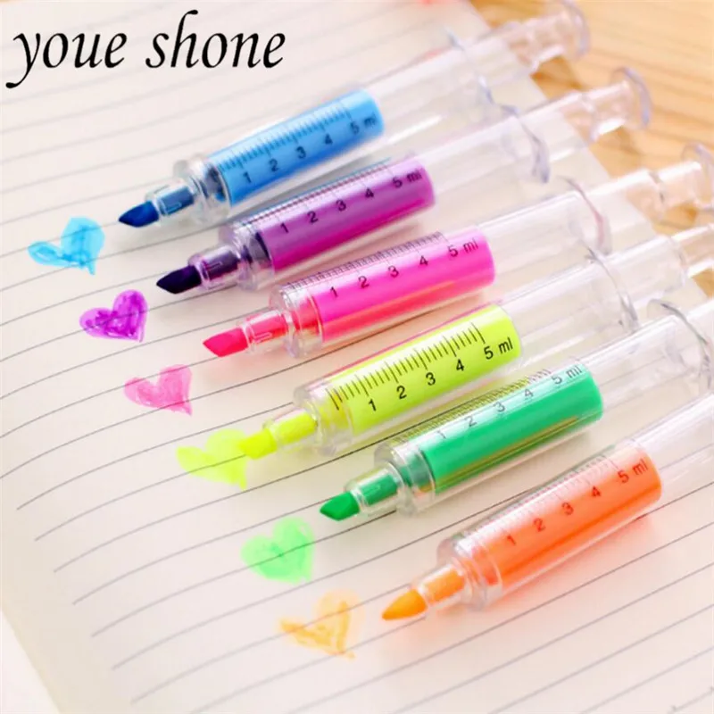 

1PCS 13.5cm Syringe highlighter Cute Oblique Mark Pen Creative Stationery Needle Tube Styling Color Watercolor Pens Markers