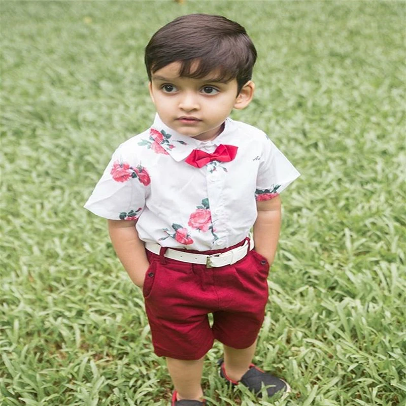 Дети комплект одежды для маленьких мальчиков летний костюм джентльмена короткий рукав Футболка с цветочным принтом Футболка Шорты От 1 до 7 лет повседневная одежда