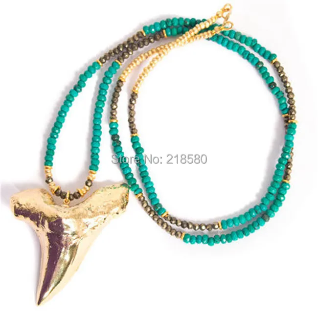 

N15013102 Bohemian Jewelry Gold Shark Tooth Necklace Long Howlite and Pyrite Beaded Necklace