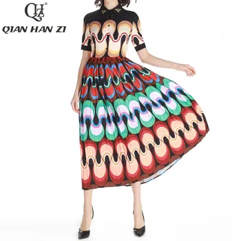 

Qian Han Zi 2019 Designer summer Runway Maxi dress Women's short sleeves Pattern printing Little bee beaded Vintage long dress