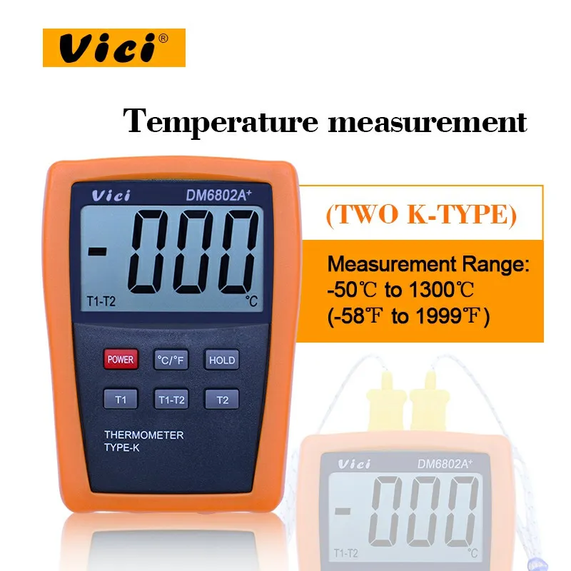 

VICI DM6802A+ LCD Digital Thermometer Temperature Meter dual channel K-Type Thermocouple Probes Measuring -50-1300 Degree