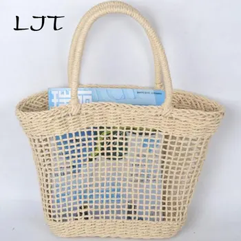 

LJT 2019 Simple and Generous Plain Color Hollow Textured Woven Bag Korean Popular Straw Handbags No Lining Travel Beach Tote