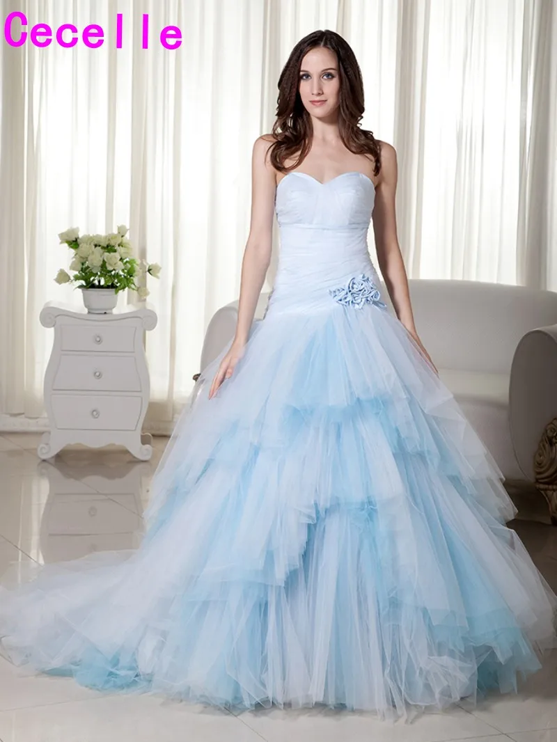 Real Light Blue Long 2019 Wedding Dresses Sweetheart Pleats Tulle