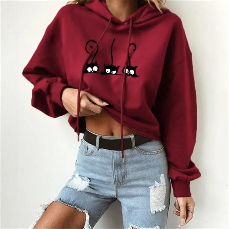 

2019 Womens Autumn Winter Hoodies Cat Print Solid Long Sleeve Hoodie Sweatshirt Hooded Pullover Tops Blouse Lady Casual Pullover