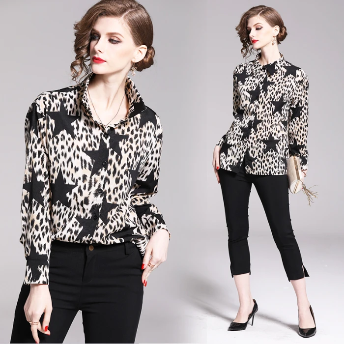 

Leopard Print Silk Blouse Tops for Women Turn-down Collar Summer Cardigan Chiffon Blouse Button Chiffon Leopard Print Tops Shirt