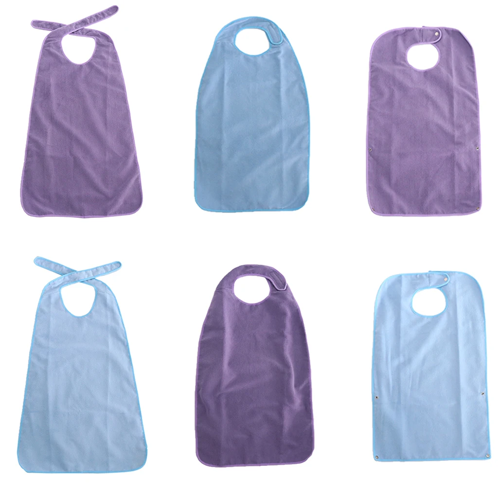 Large Reusable Tie-back Terry Cloth Adult Bib Waterproof Mealtime Spill Clothing Protector 22x 35inch Purple/Blue