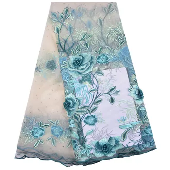 

2019 New Embroidery mesh lace fabric 5yards 3D Flower With beads African lace fabrics wholesale for wedding party S1279