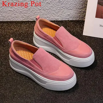 

2019 hot salling sheep leather round toe thick high bottom slip on platform solid simple style increased vulcanized shoes L8f6