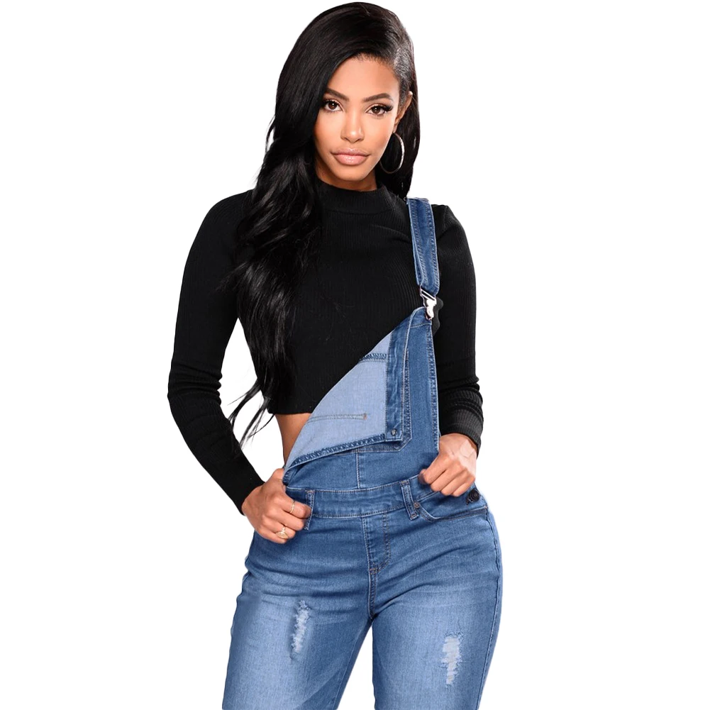 Women Denim Overalls Ripped Stretch Dungarees High Waist Long Jeans Pencil Pants Rompers 2018 New Jumpsuit Blue Jeans Jumpsuits