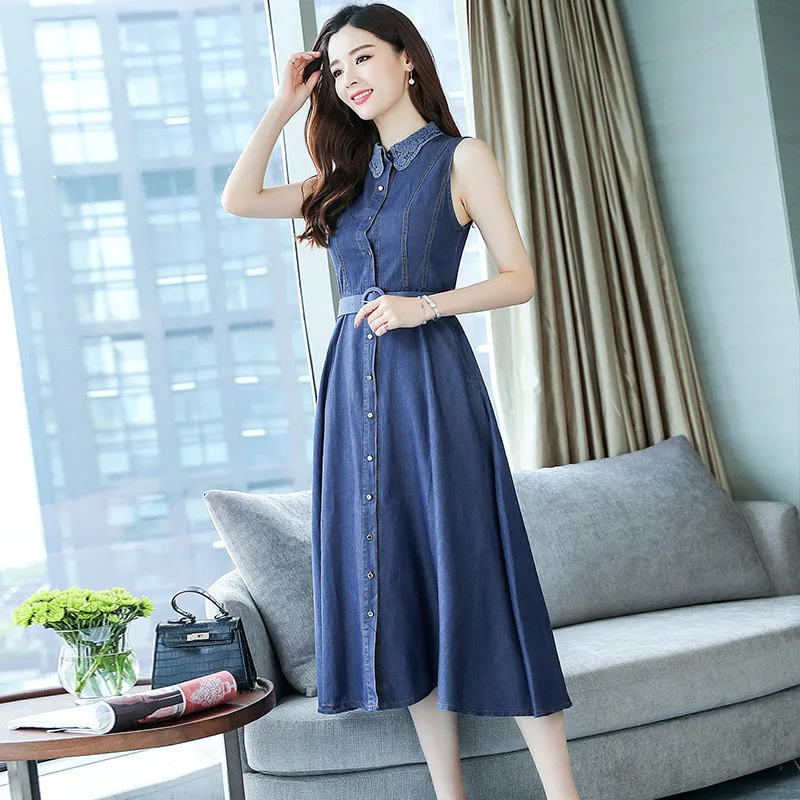 Sleeveless dress summer women 2018 denim dress Plus size Single-breasted top Lace collar Belt Slim female long jeans dress N095