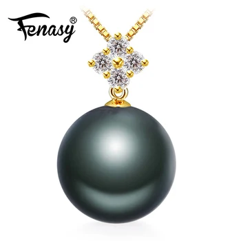 

FENASY 18K Gold Pendant Big Round Tahitian Black Pearl Elegant Dinner Party Wedding Engagement Jewelry Send With Silver Necklace