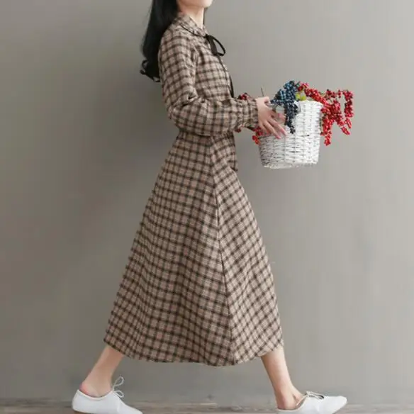 Ретро Mori Girl Питер Пэн воротник платье винтажное клетчатое Femininos Vestidos Хлопковое платье трапециевидной формы с длинными рукавами для весны DV529