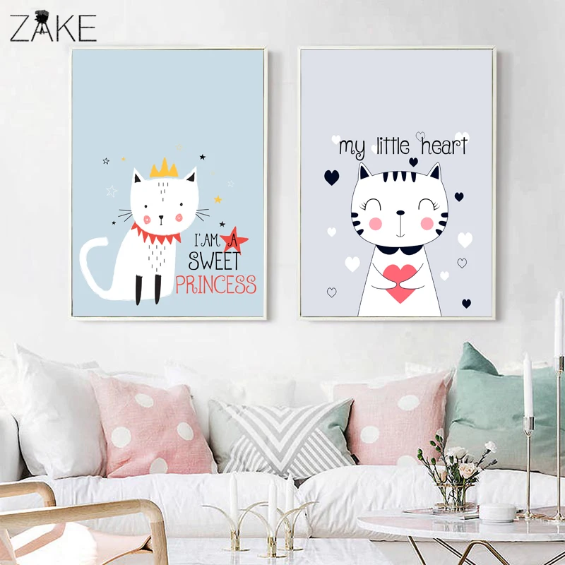 

Kawaii Wall Art Canvas Nursery Poster Print Cartoon Cat Rabbit Painting Nordic Kids Decoration Picture Baby Living Room Decor