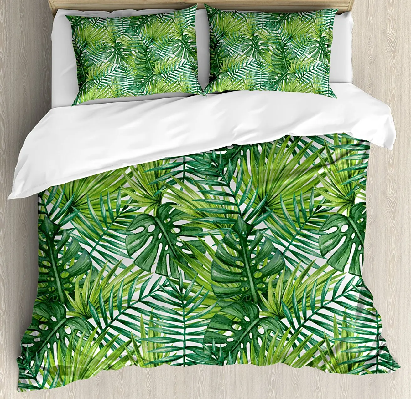 

Leaf Duvet Cover Set Tropical Exotic Banana Forest Palm Tree Leaves Watercolor Design Image, Decorative 4 Piece Bedding Set