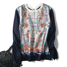 Чистый шелк соединенная шерсть вязаный женский модный принт контрастный цвет тонкая футболка свитер тройники синий M/L оптом и в розницу оптом