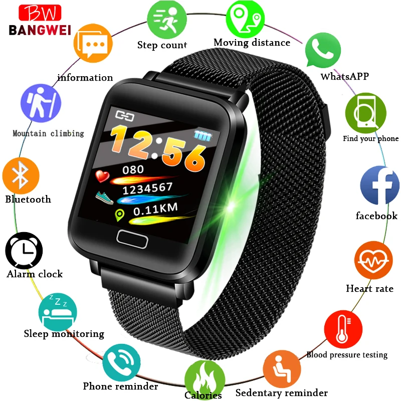 

BANGWEI Smart Sport Watch Men Milan Stainless Steel Strap Pedometer Heart Rate Monitor Waterproof Smart Watch For Android ios