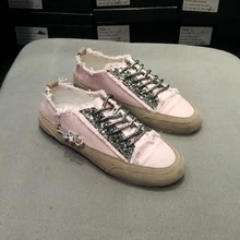 2017 Best selling Women Canvas Korea edition cosy lace up crystal and sequins decor flat heel bling Casual Shoes Women