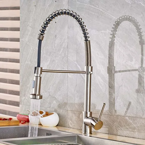 

Brushed Nickle Spring Kitchen Faucet Mixer Tap Single Handle Single Hole with White & Black Hose Factory Direct Sales