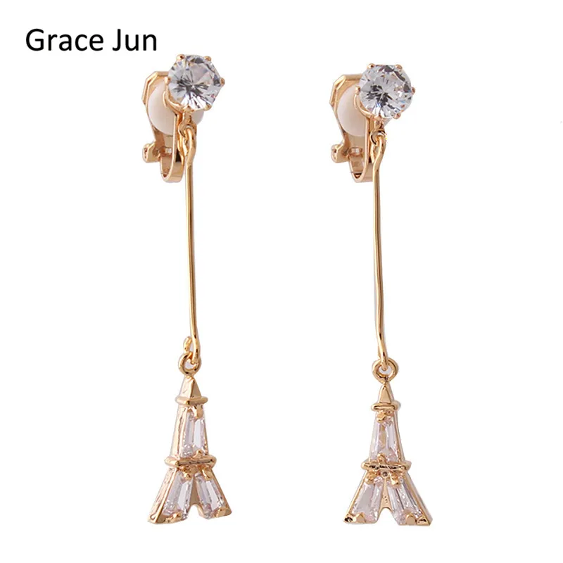 

Grace Jun 2017 New Design AAA CZ Iron Tower Shape Clip on Earrings No Pierced for Girls Wedding Charm Long Earrings No Allergy