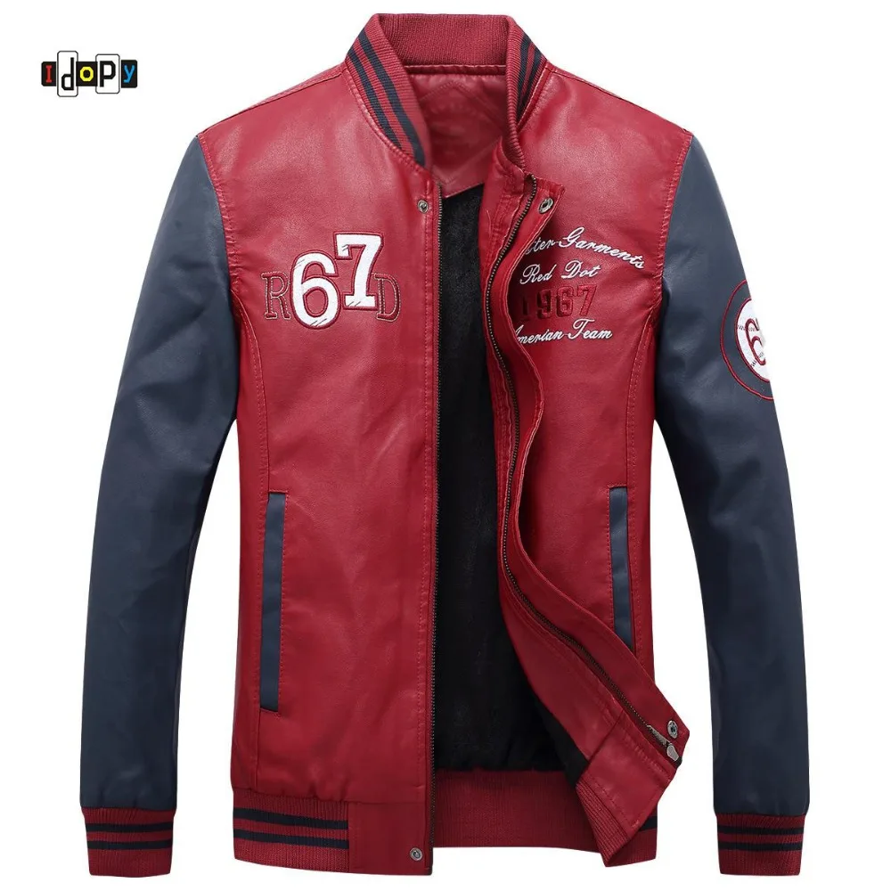 Idopy для мужчин's искусственная кожа курточка бомбер Letterman повседневное Slim Fit Вышивка пилот Стенд воротник Бейсбол пальто Верхняя одежда