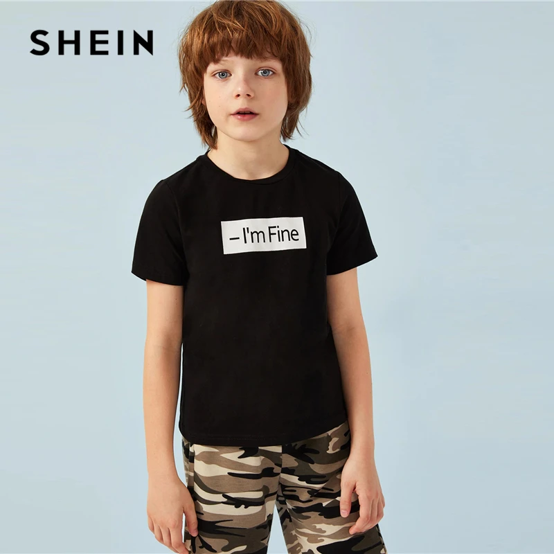 

SHEIN Kiddie Toddler Boys Black Letter Print Casual T-Shirt Children Clothing 2019 Summer Short Sleeve Teenager Tops And Tees