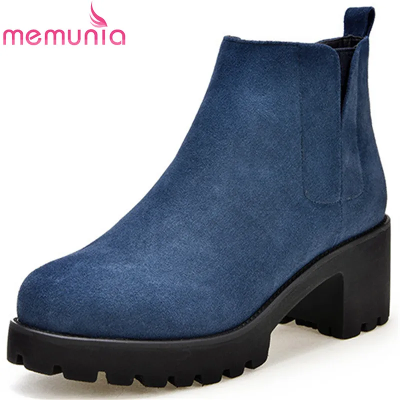 

MEMUNIA Platform boots female cow suede ankle boots for women solid spring autumn high heels shoes fashion boots size 34-40