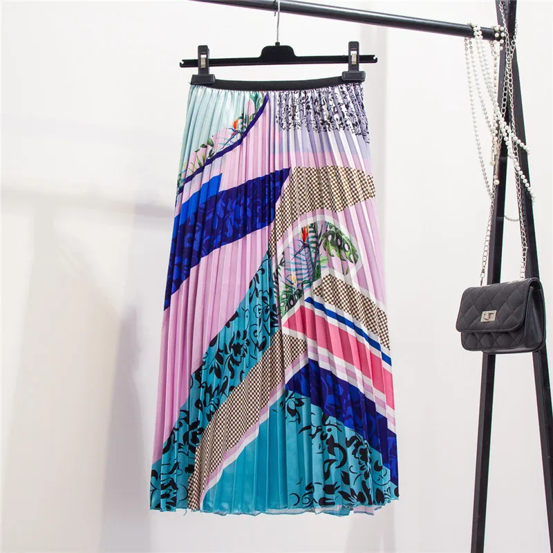 

2019 New-Coming Color Printing A-Line Mid-Calf European Women Skirts High Street Style Patchwork Pleated Fashion Women's Skirts
