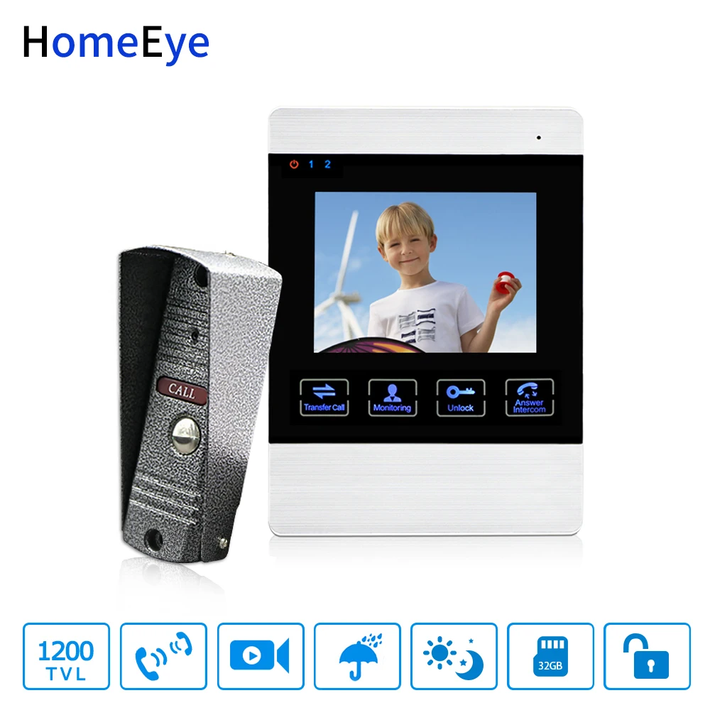 

HomeEye Video Door Phone Video Intercom Doorbell 1200TVL Camera 4 inch Monitor Video Record Unlock Door Security Access System