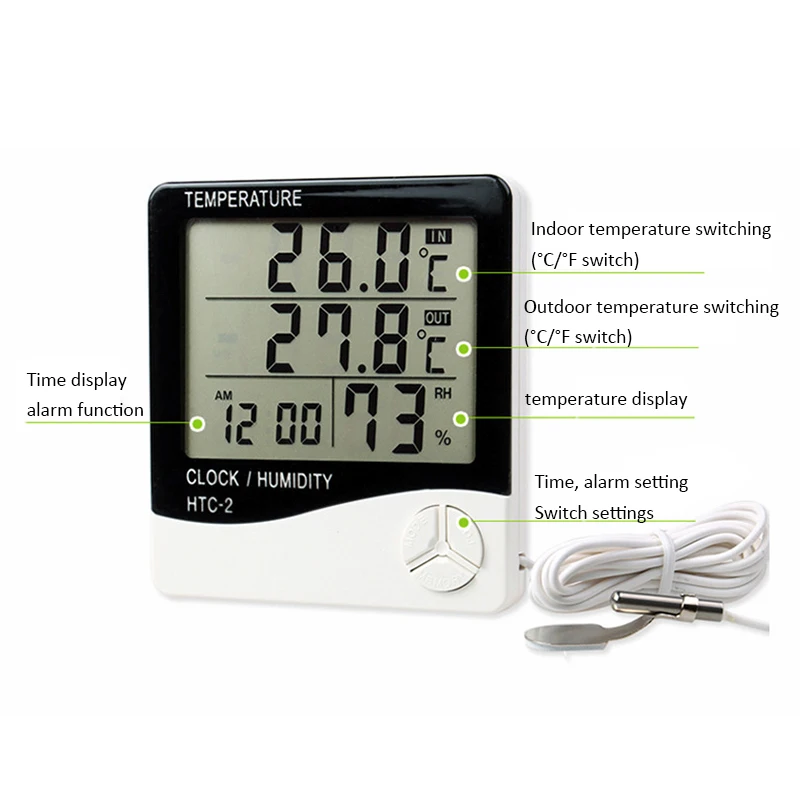 Junejour LCD Digital Hygrometer Thermometer-1-2 Indoor Outdoor Temperature Humidity Monitor Meter with Alarm Clock - Цвет: HTC-2