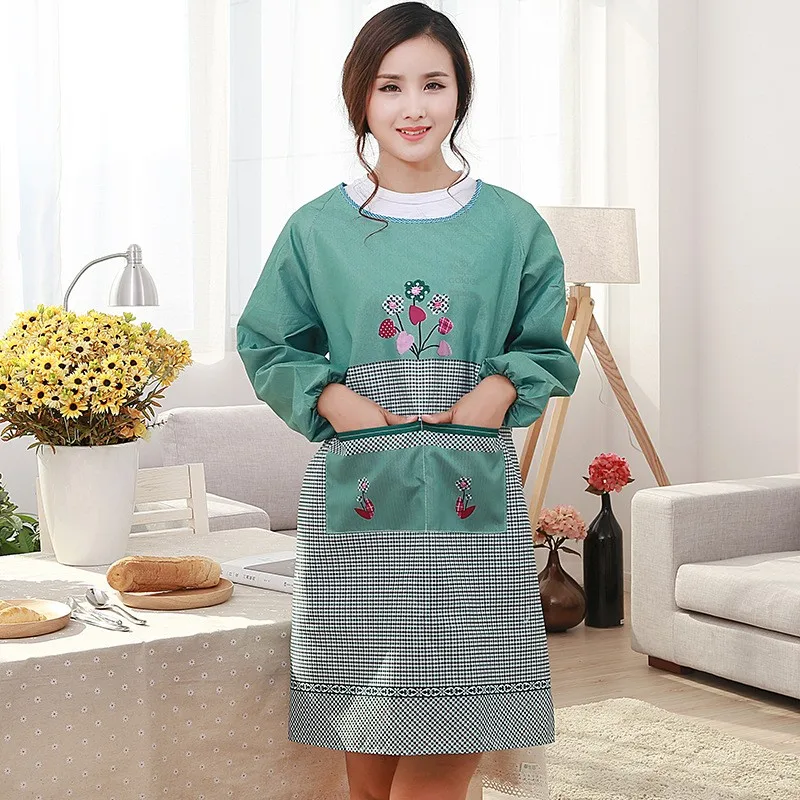 1Pcs Plaids Flower Sleeved Apron Woman Adult Bibs Home Cooking Baking Coffee Shop Cleaning Aprons Kitchen Accessories 46016