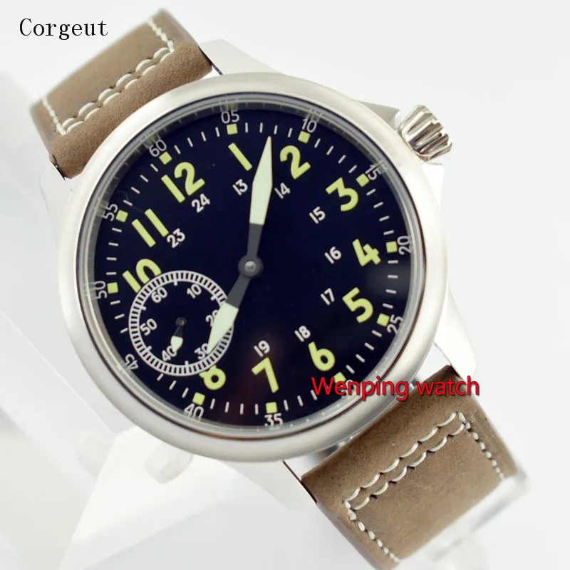 45 мм Corgeut стерильные Montre homme Sea gull 6497 Мужские часы с коричневым кожаным ремешком W2537