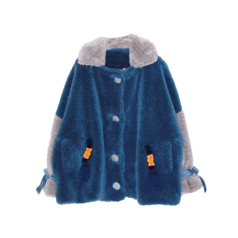 Зимнее женское плотное теплое пальто из овечьей шерсти Короткая Повседневная ультра свободная Двусторонняя Меховая куртка с вышивкой и аппликацией