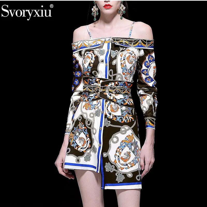 

Svoryxiu Sexy Off Shoulder Spring Summer Short Dress Women's Fashion Long Sleeve Vintage Print Asymmetrical Party Dresses Female