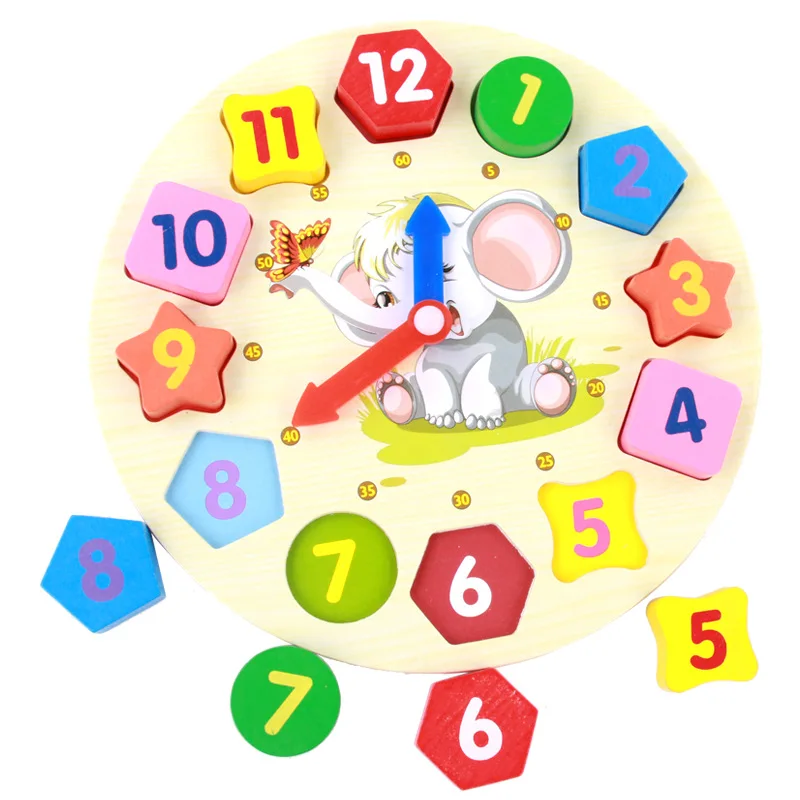 

Mongolian early childhood education wooden children toy animal clock elephant squirrel digital stereoscopic shape cognition